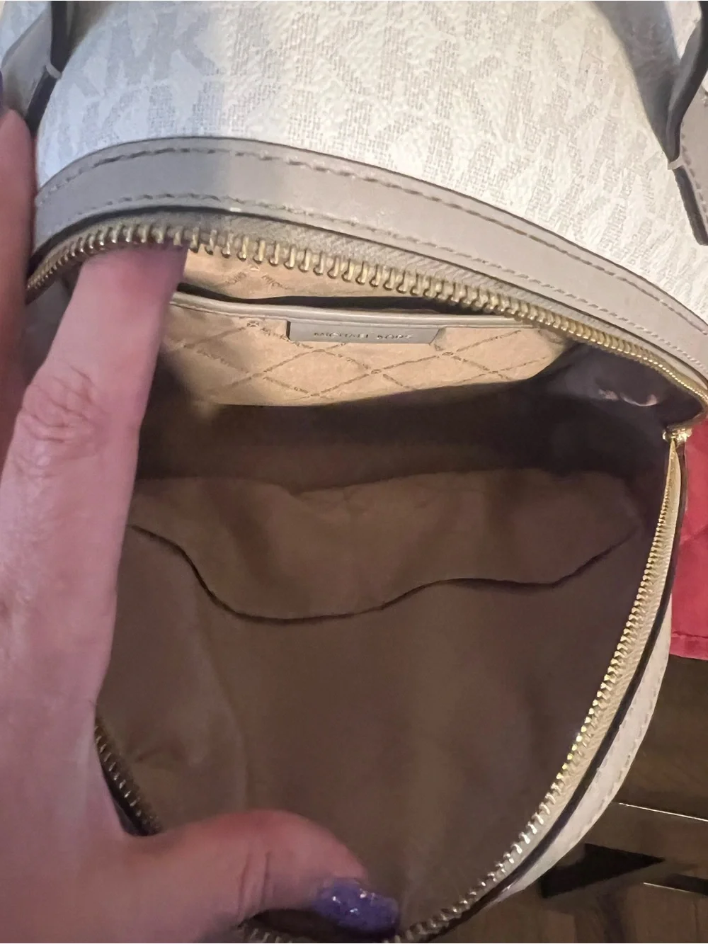 Michael Kors White Logo Backpack with Taupe Trim and Gold Hardware